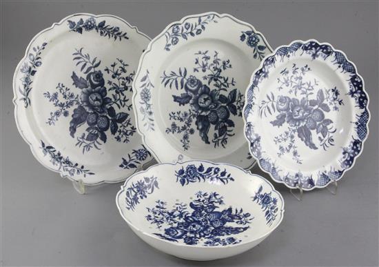 A Worcester pine cone pattern blue and white wares - a strainer and three plates, c.1770-5, 19.7 - 23.5cm